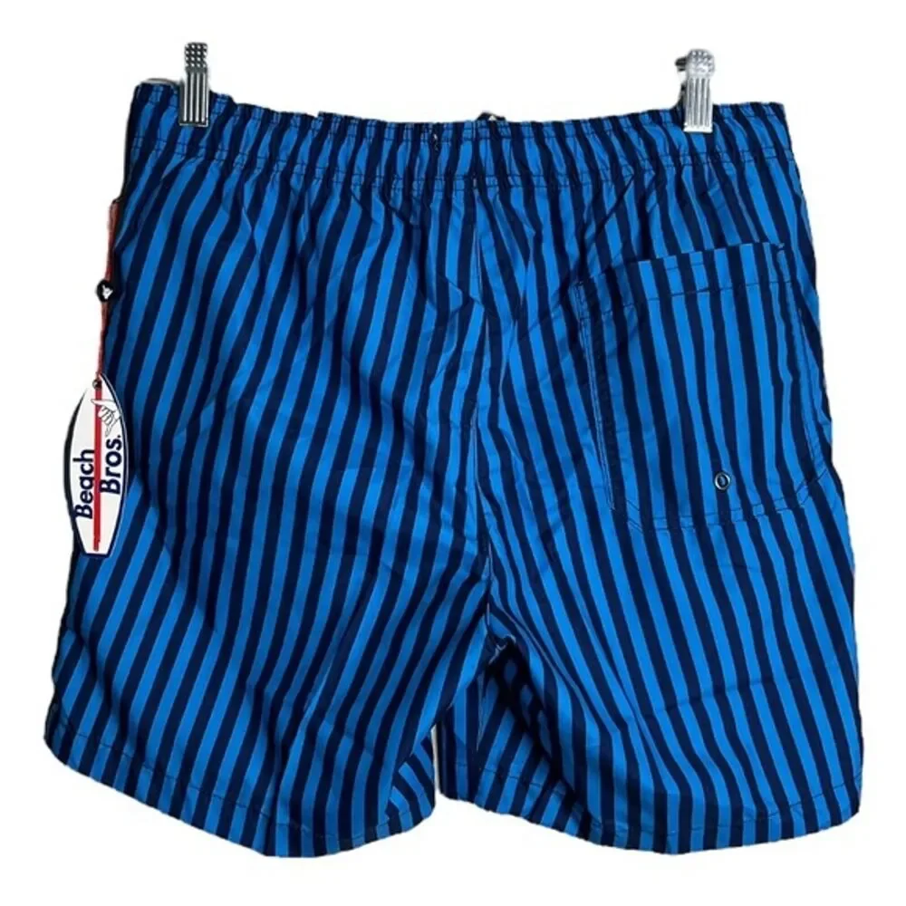 Beach Bros Swim Trunks Mens Small Blue‎ Navy Vertical Stripes Stretch Waist Mesh